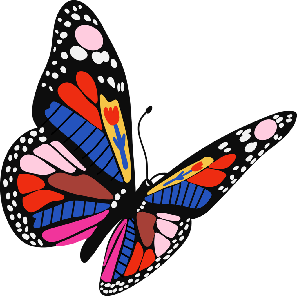 Von der Raupe zum Schmetterling. Die farbenfrohe Illustration ist von Ursula Tücks der Illustratorin aus Köln gestaltet.