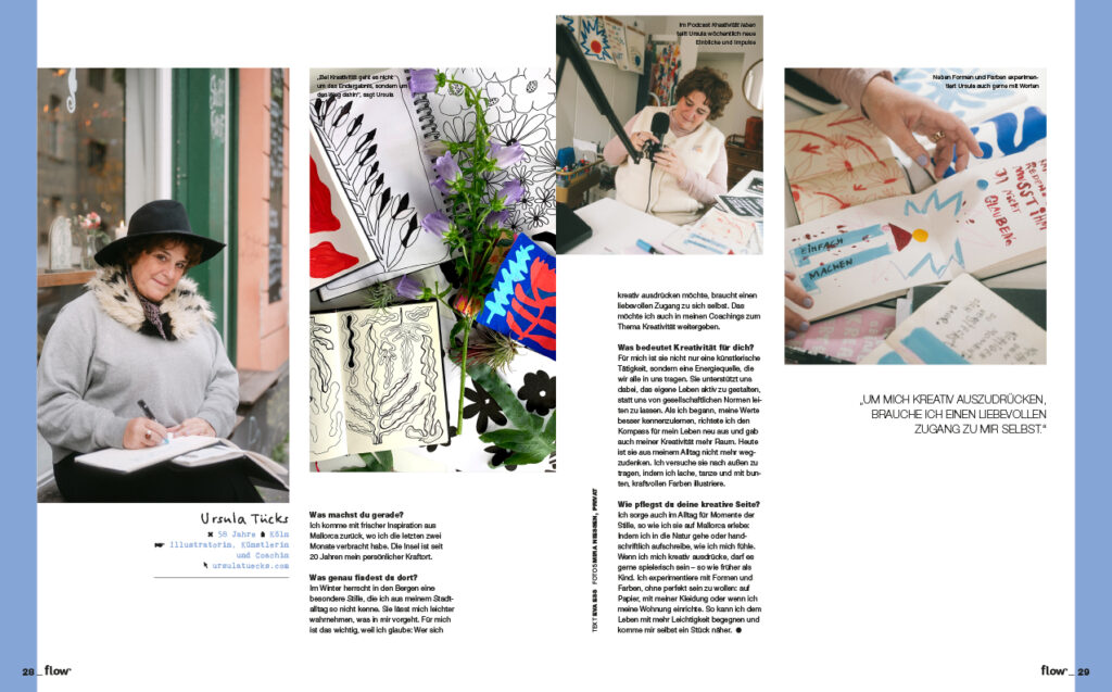 Ursula Tücks multidiziplänere Künstlerin, Mentorin, Coach und Illustratorin in der Flow Magazin Ausgabe Nummer 96, März 2026